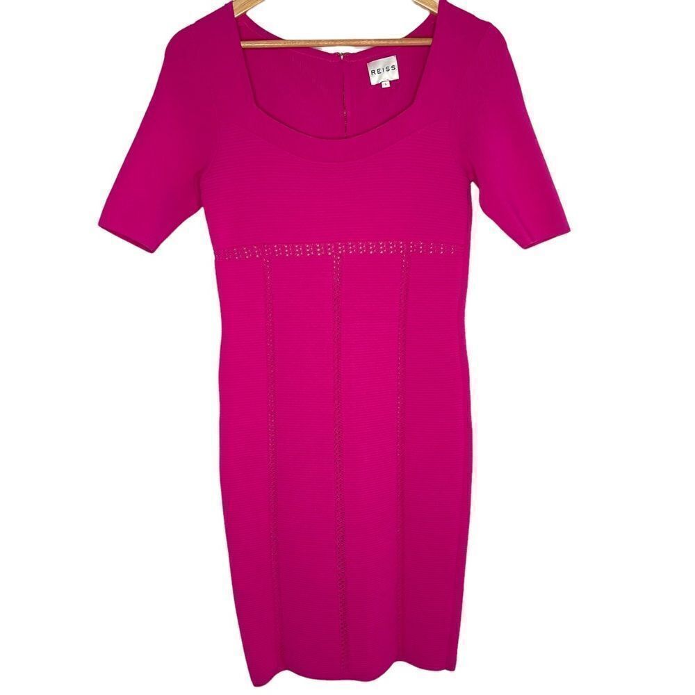 Reiss Dawson Lace Insert Pink Short Sleeve Bodycon Knit Midi Dress Size S